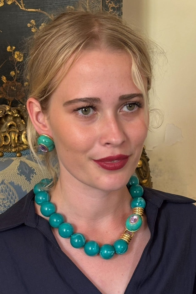 Michael Nash Jewelry | Stephanie Malachite Resin Earring With Pink Glass Stone