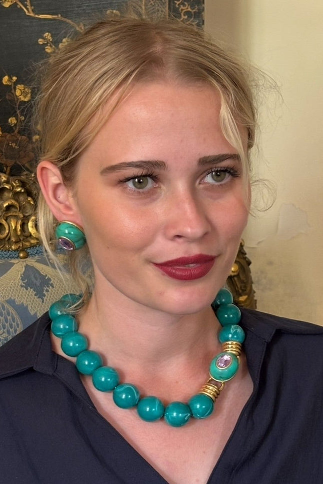 Michael Nash Jewelry | Caroline Malachite Resin Necklace With Pink Faceted Stone Clasp