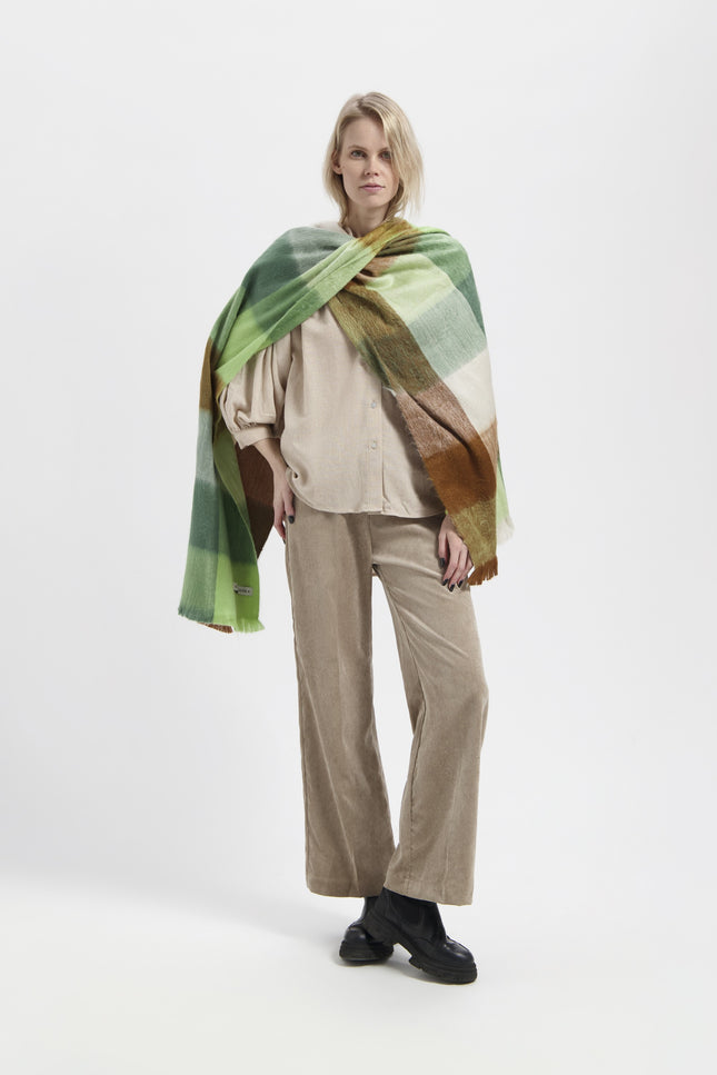 Alpaca Loca | Scarf Blocked Camel, Emerald and Limestone Green
