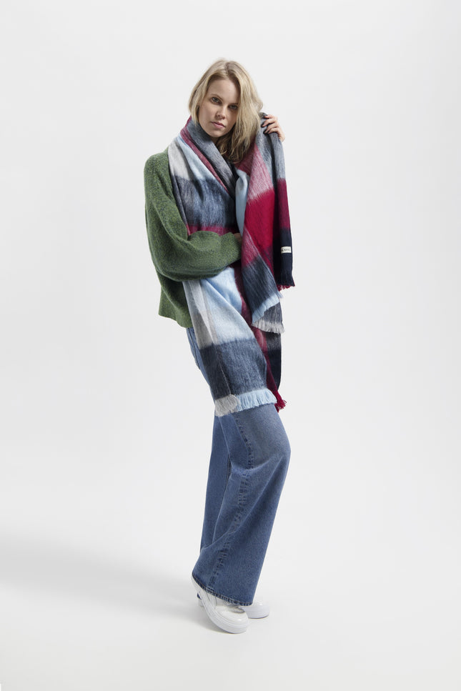 Alpaca Loca | Scarf Blocked Ruby Red, Blue and Grey