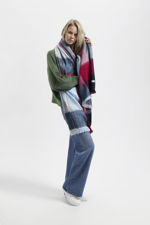 Alpaca Loca | Scarf Blocked Ruby Red, Blue and Grey