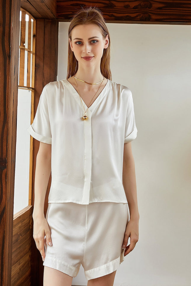 Soft Strokes Silk | Pearl White Soar Top and Shorts Pyjamas Set