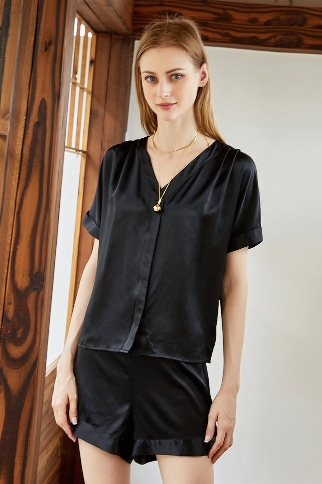 Soft Strokes Silk | Black Soar Top and Shorts Pyjamas Set
