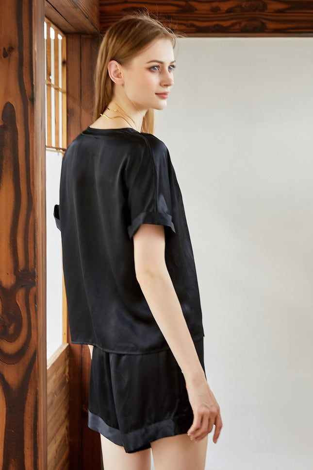 Soft Strokes Silk | Black Soar Top and Shorts Pyjamas Set