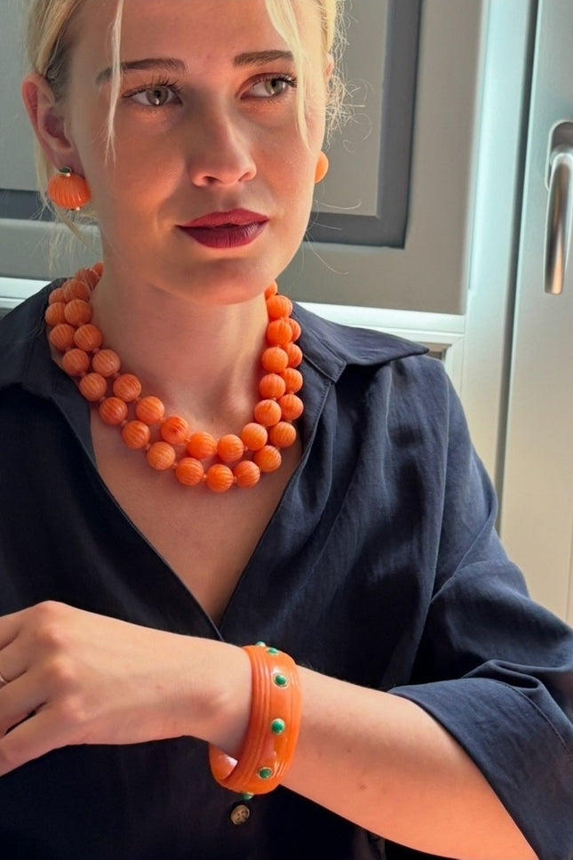 Michael Nash Jewelry |  Vincenza Coral Resin Carved Sixteen Inch Melon Bead Necklace