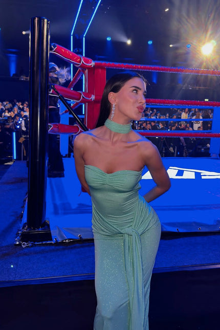 Say no more I Mariella Pistachio Glitter  Draped Tie Dress
