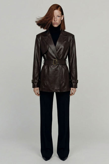 Woman wearing a brown leather trench coat and black pants on a plain background