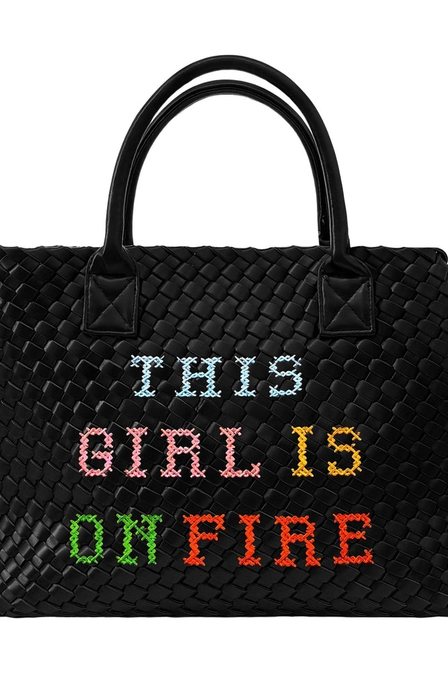 Lilly Loves "This Girl Is On Fire" handbag featuring vibrant orange and black design with stylish handles.