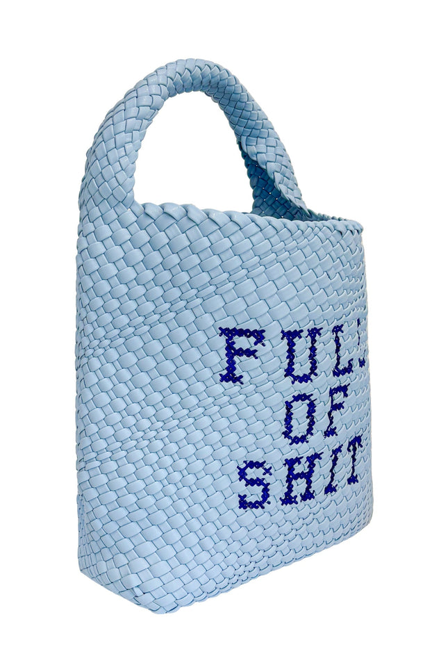 Blue embroidered bucket bag by Lilly Loves, stylish bag with intricate embroidery and spacious interior for organization.