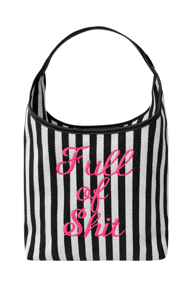 Neon pink Lilly Loves handbag labeled "Full Of Shit" with a bold, playful design and sturdy handle, perfect for casual style.