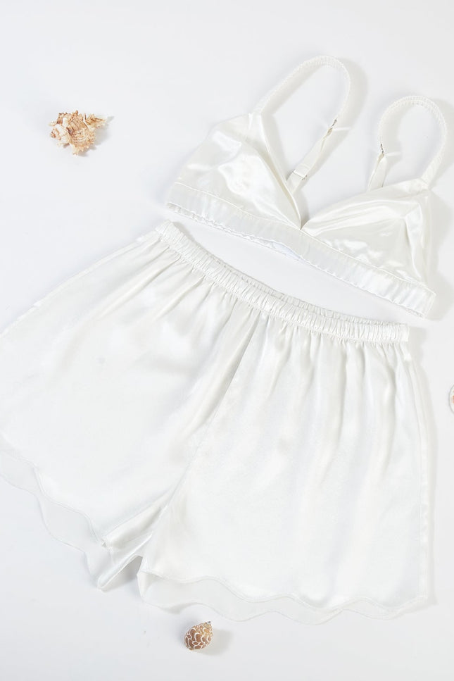Soft Strokes Silk | Pearl White Scallop Edged Pyjamas Shorts
