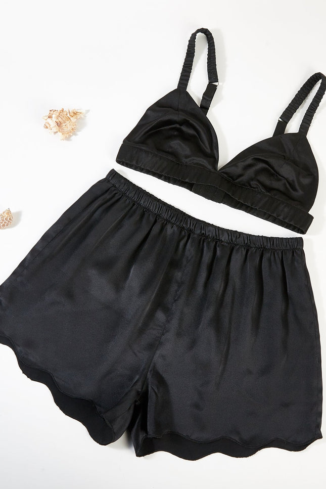 Soft Strokes Silk | Black Scallop Edged Pyjamas Shorts