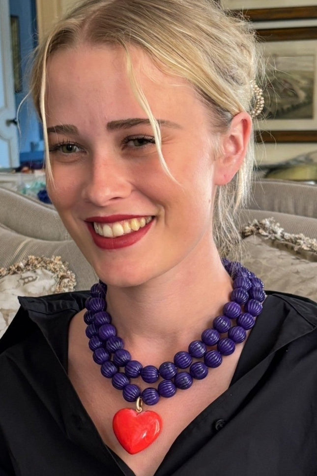 Michael Nash Jewelry | Amour Carved Amethyst Bead Necklace With Coral Resin Heart Pendant