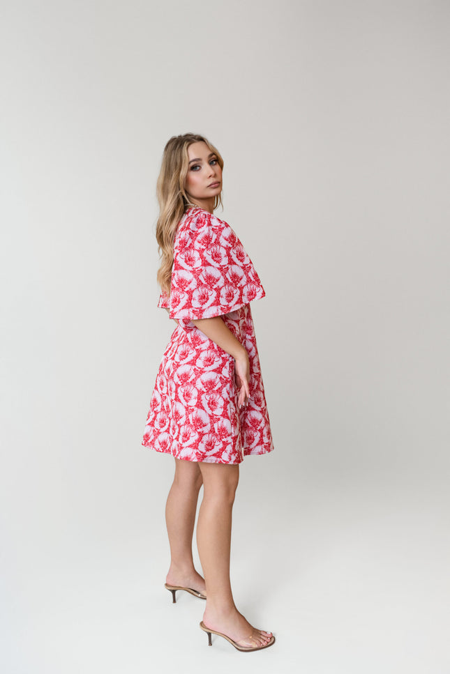 Maoconcept | Rozkloszowana mini sukienka w biało czerwone kwiaty