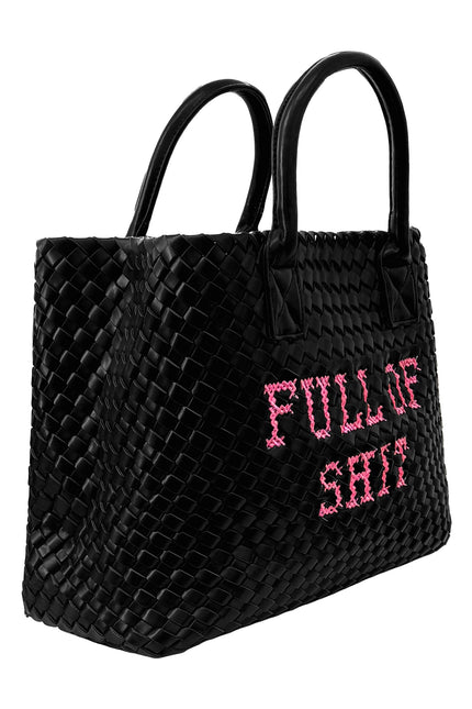 Vegan pink woven handbag by Lilly Loves with a playful "FULL OF SHIT" design, featuring a stylish hand-crafted appearance.