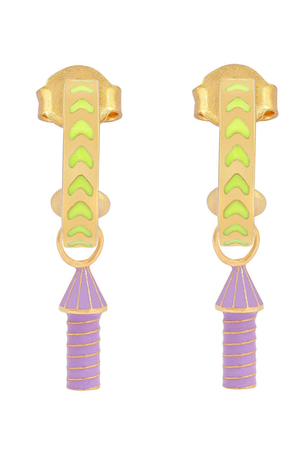 image of rocket enamel earrings in neon yellow, purple and gold on white background