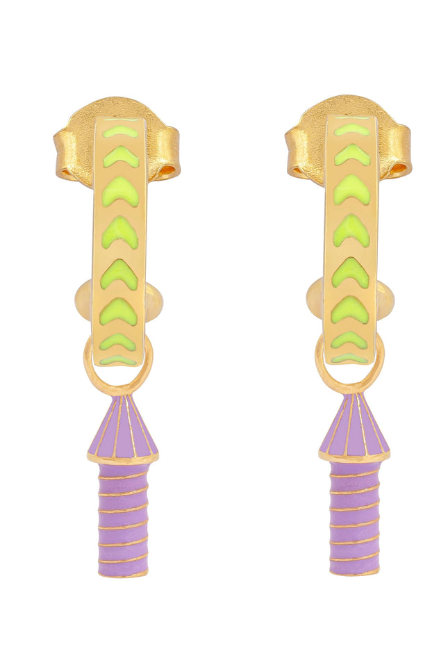 image of rocket enamel earrings in neon yellow, purple and gold on white background