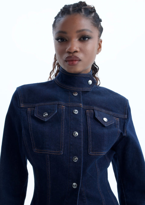 Ramune Piekautaite I DENIM HIGH-COLLAR JACKET DARK BLUE