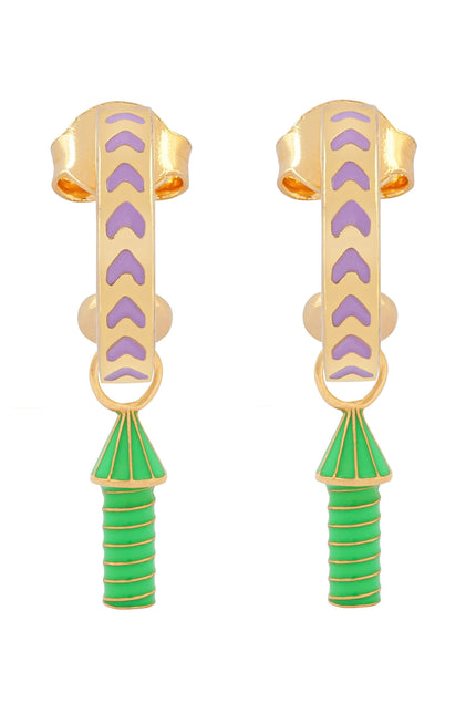 image of rocket enamel earrings in purple, green and gold on white background