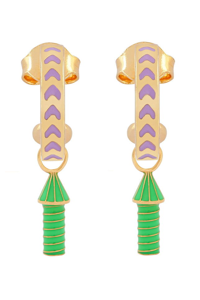 image of rocket enamel earrings in purple, green and gold on white background