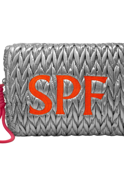 Silver SPF cosmetic wash bag by LillyLovesLTD with a sleek, compact design and zipper closure for travel and storage.