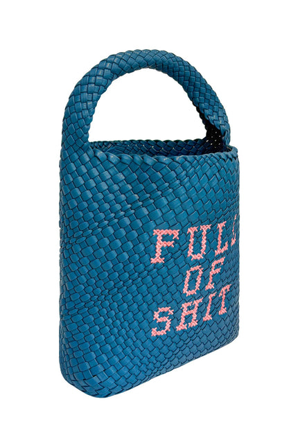 Lilly Loves woven teal shoulder handbag with top handle and adjustable strap, featuring a textured woven design and silver hardware.