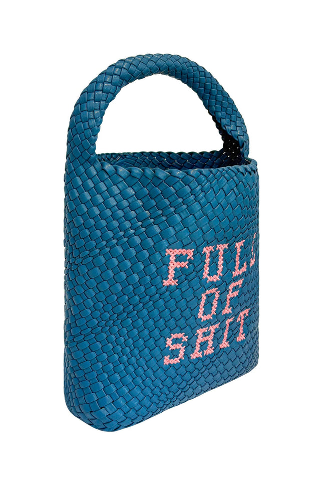 Lilly Loves woven teal shoulder handbag with top handle and adjustable strap, featuring a textured woven design and silver hardware.