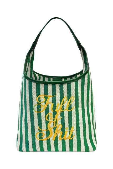 Lilly Loves green beach handbag with full of shit print, featuring a casual tote design and sturdy handles for beach or daily use.