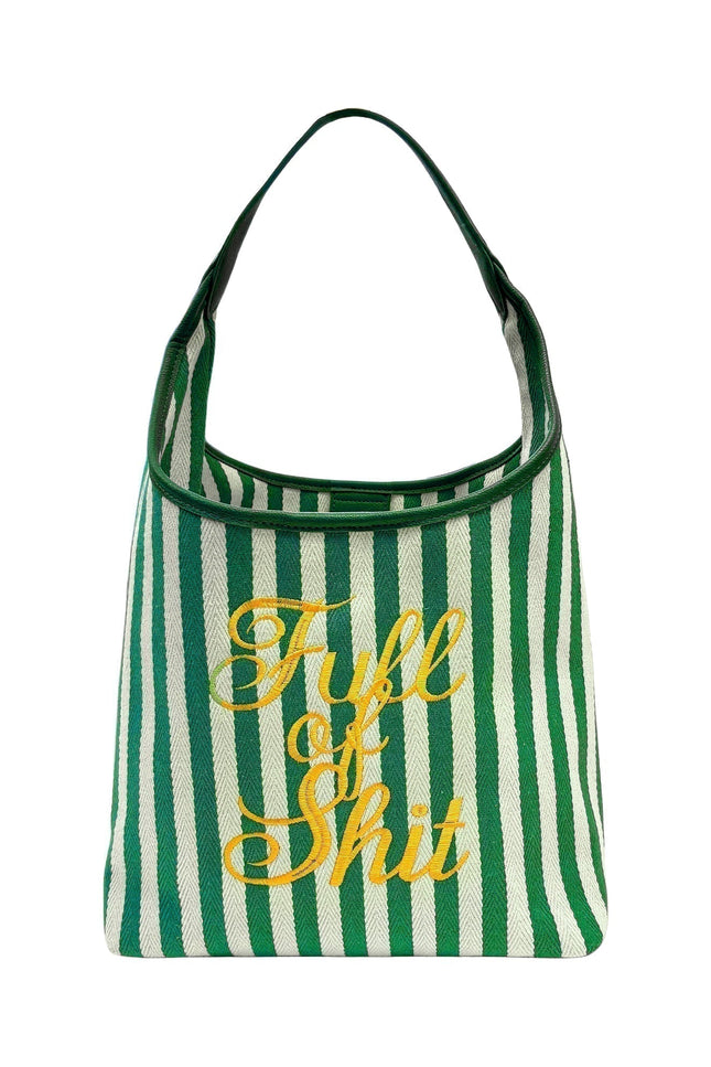 Lilly Loves green beach handbag with full of shit print, featuring a casual tote design and sturdy handles for beach or daily use.