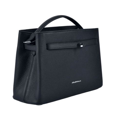 Black atelier galin cube lock handbag with silver hardware and brand logo on a white background