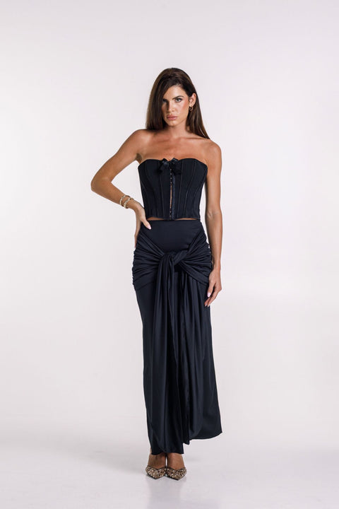 Say no more I Hailey Black Front Draped Maxi Skirt