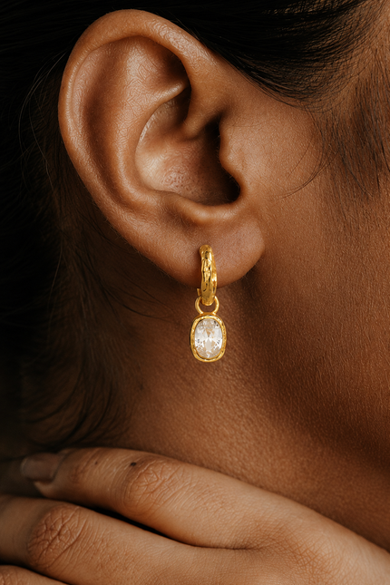 Gold Plated Crystal Drop Textured 92.5 Sterling Silver Hoop Earrings