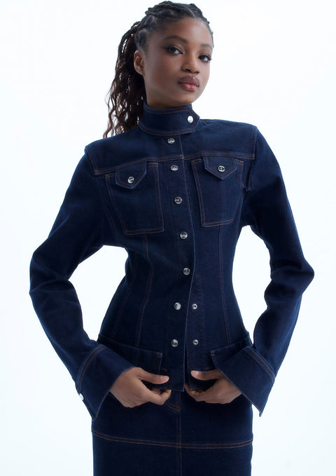 Ramune Piekautaite I DENIM HIGH-COLLAR JACKET DARK BLUE