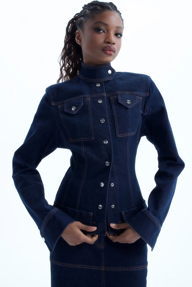 Ramune Piekautaite I DENIM HIGH-COLLAR JACKET DARK BLUE