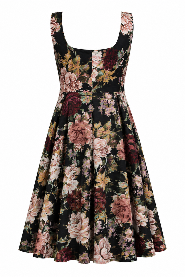 The Sarvin Golha Floral Corset Dress is a sleeveless, knee-length skater style featuring a fitted bodice and flared skirt, with a dark base and bold pink, burgundy, green, and beige floral print.