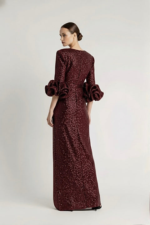 Anitabel | LONG WINE RED SEQUIN WRAP DRESS WITH STATEMENT SLEEVES