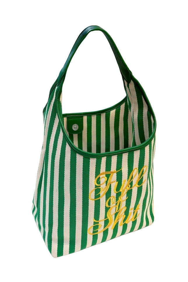Green Lilly Loves beach handbag with "Full Of Shit" design, casual style, featuring a spacious interior and sturdy handles.