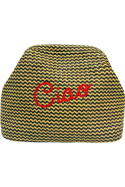 Lilly Loves Ciao black and straw clutch pouch with woven straw accents and a sleek black fabric body for stylish carry.