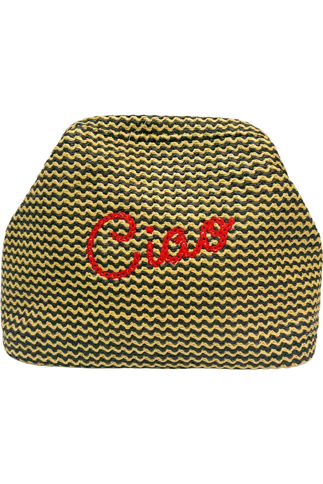 Lilly Loves Ciao black and straw clutch pouch with woven straw accents and a sleek black fabric body for stylish carry.