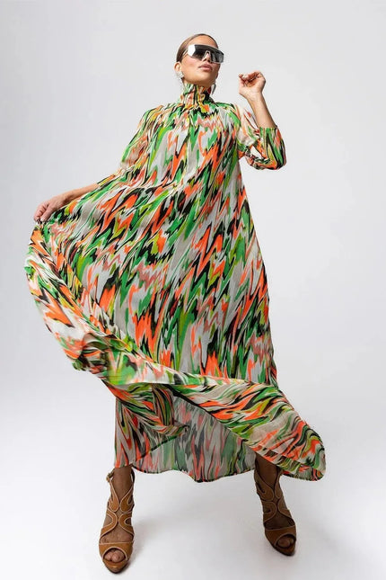 A-Line Maxi Dress - Zigzag Green Orange