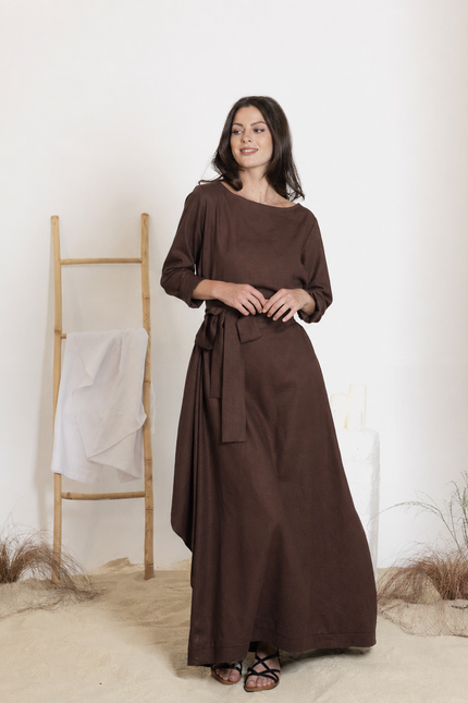 Maxi linen dress in chocolate color