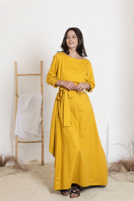 Maxi linen dress in mustard color