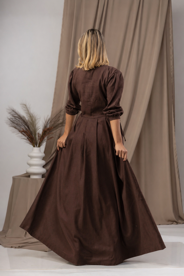 Maxi linen chocolate dress