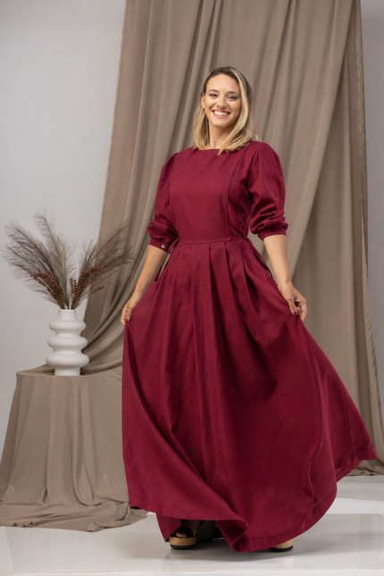 Maxi linen dress in cranberry color