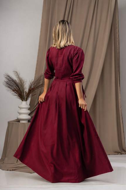 Back view of maxi linen dress in cranberry color