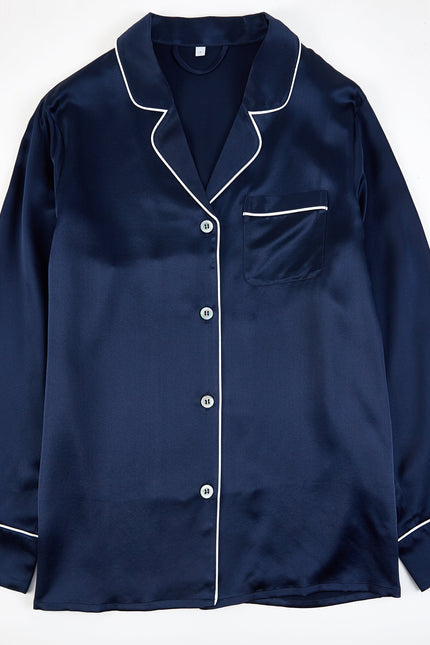 Soft Strokes Silk | Navy Unisex Long Sleeve Pyjamas Set
