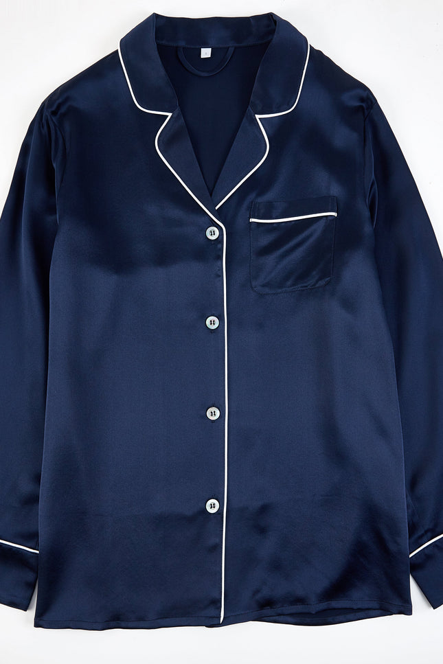 Soft Strokes Silk | Navy Unisex Long Sleeve Pyjamas Set