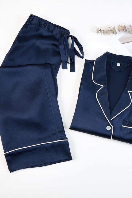 Soft Strokes Silk | Navy Unisex Long Sleeve Pyjamas Set