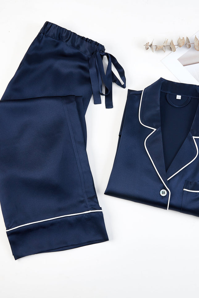 Soft Strokes Silk | Navy Unisex Long Sleeve Pyjamas Set