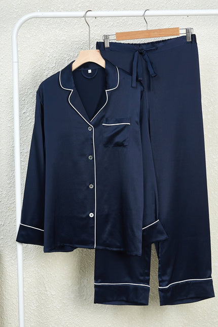 Soft Strokes Silk | Navy Unisex Long Sleeve Pyjamas Set